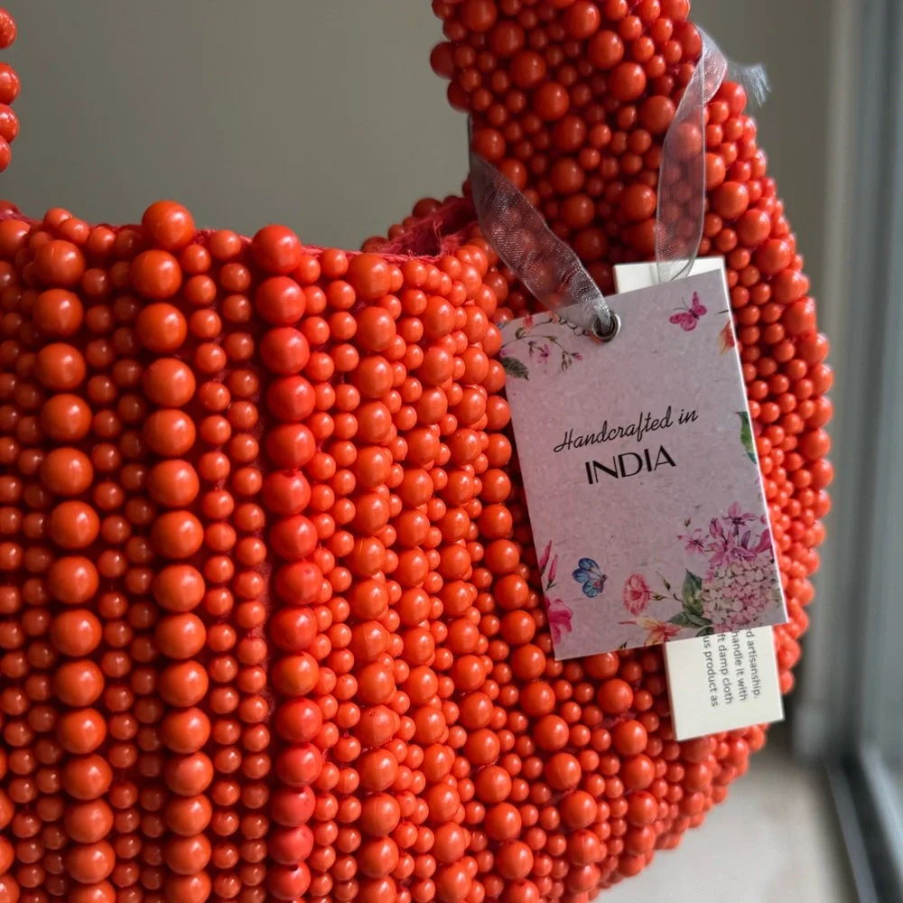 Handmade Orange Beaded Hobo Bag – India Artisan Craft - Picture 5 of 6